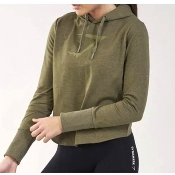 Gymshark Cross Back Marl Khaki Pull Over Hoodie Active Cropped Sweatshirt - Picture 7 of 10
